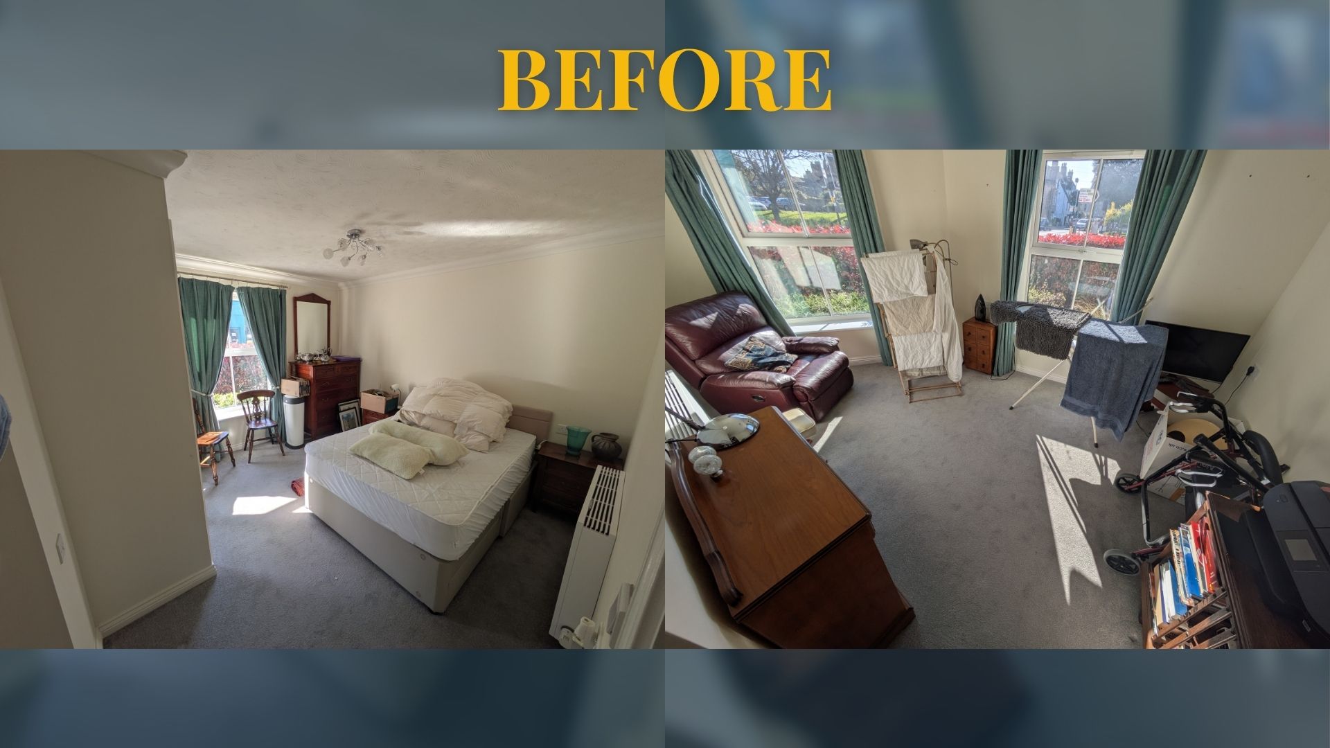 Cluttered flat rooms before house clearance